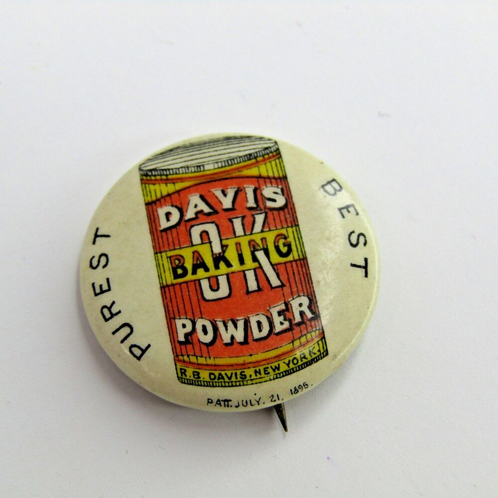 Vintage Davis Baking Powder Button 0.75" Celluloid Pin Purest Best Antique - Picture 2 of 3